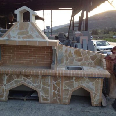 ψησταριά με νεροχύτη κίτρινη επένδυση & κίτρινο πυροτουβλο